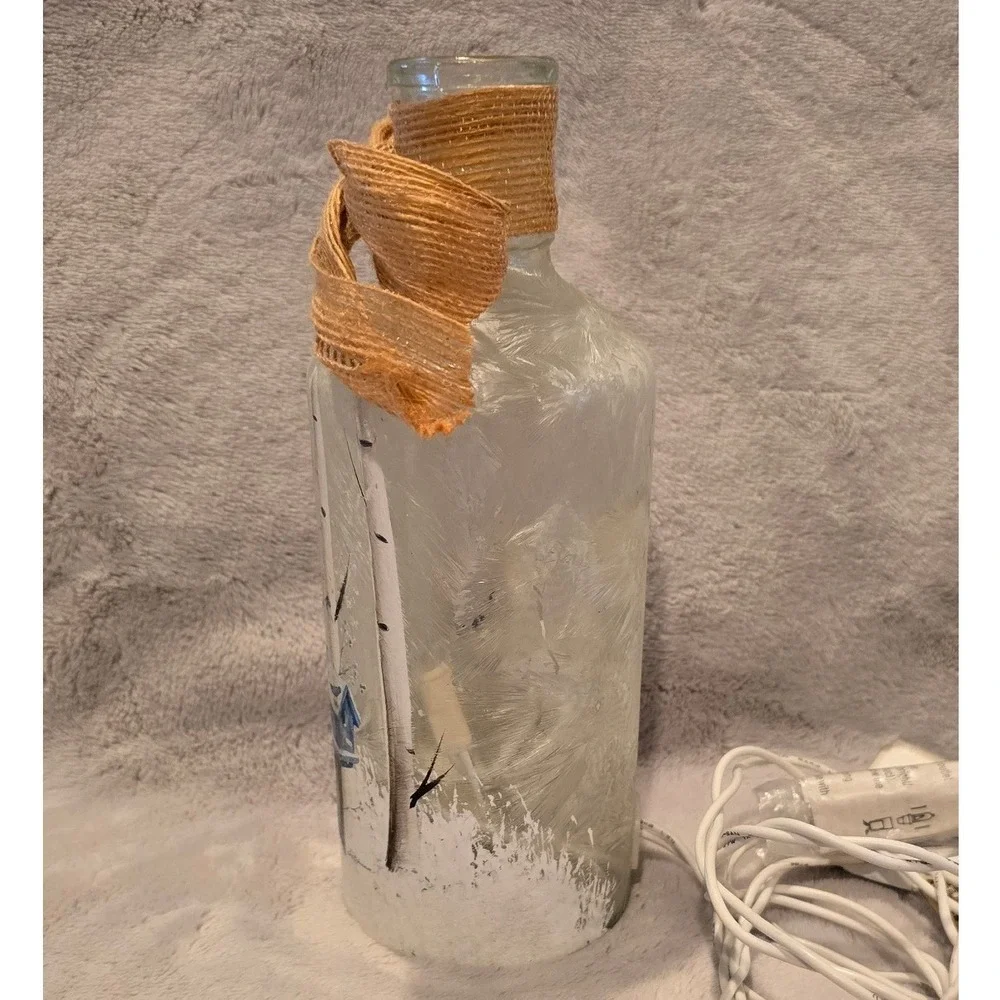 Frosted Glass Bottle Light Winter Birdhouse Birch Tree Scene Burlap Decor 7.75